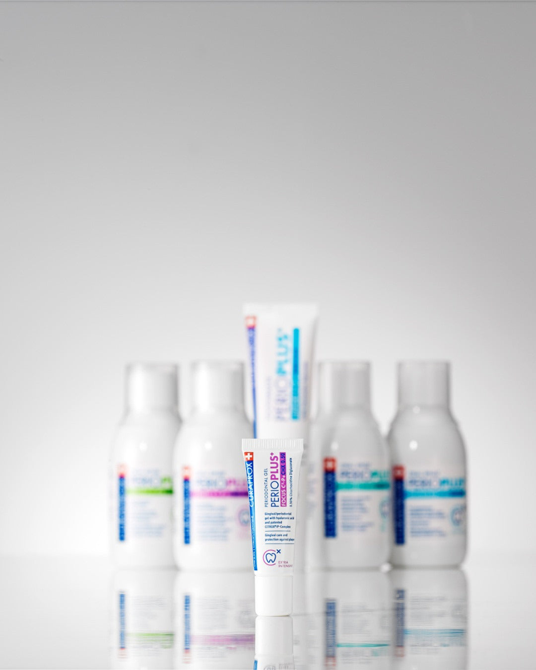 The Curaprox Perio plus range, rinses, gel and toothpaste together