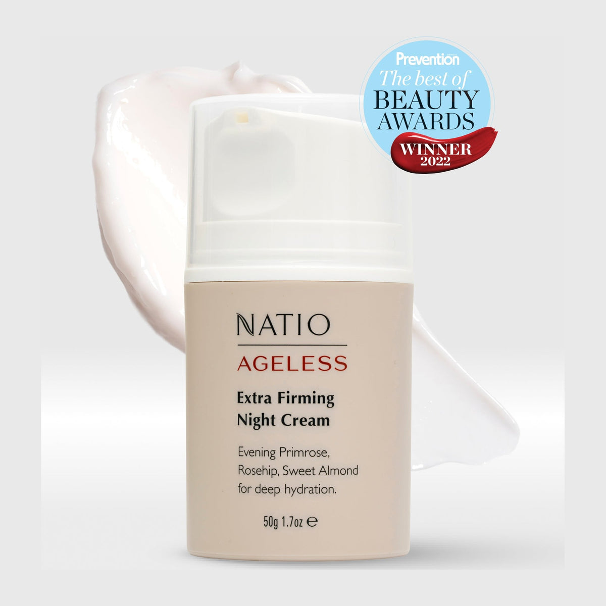 Natio Ageless Extra Firm Night Cream 50g styled in a set photograph