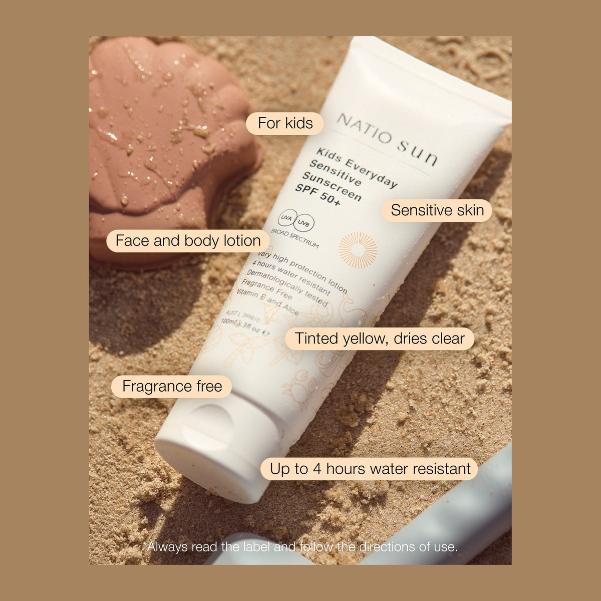 Natio Kids Everyday Sensitive Sunscreen SPF50+ 100ml Tube styled in a set photograph