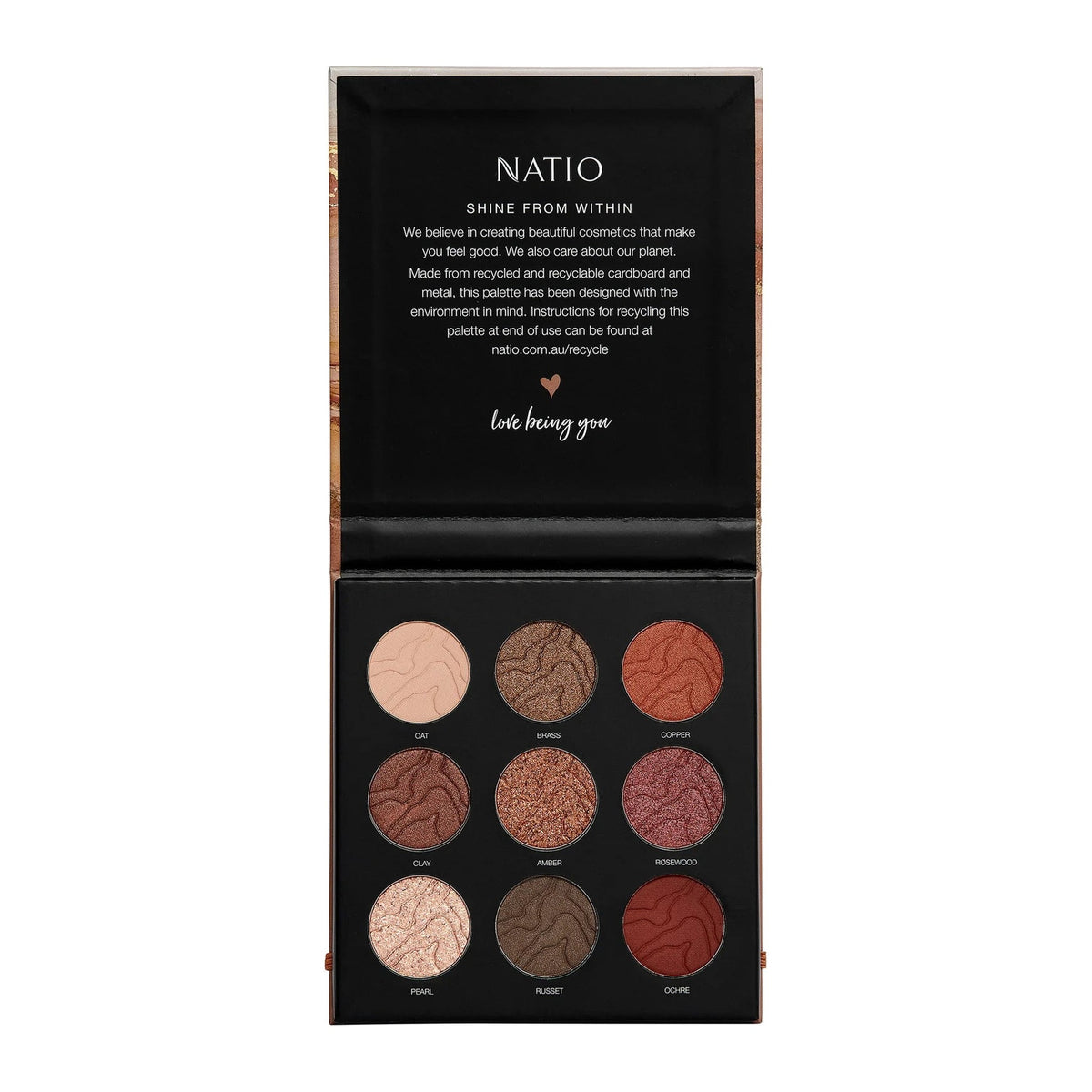 Lumin Amber Mineral Eye Shadow Palette Limited Edition by Natio, front of pack