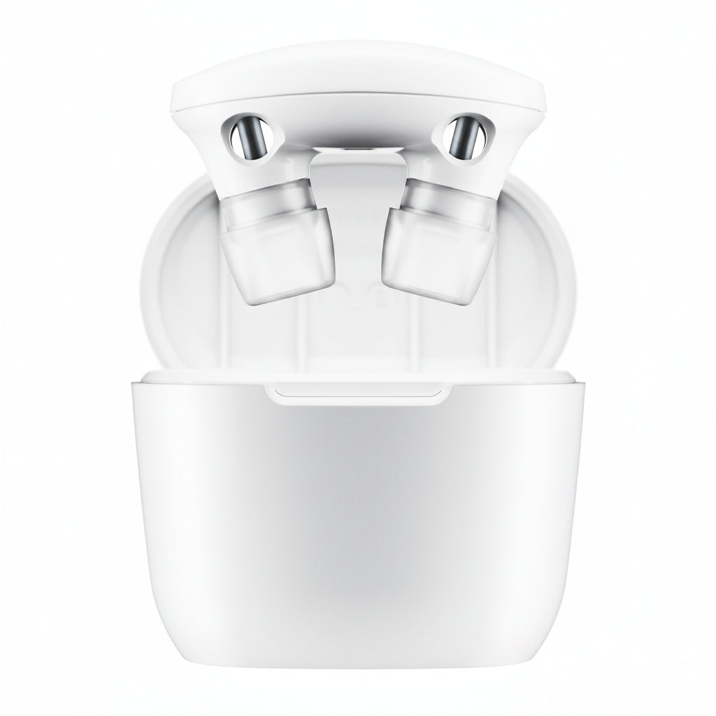 Goodair Nosebuds seated in the open charging case