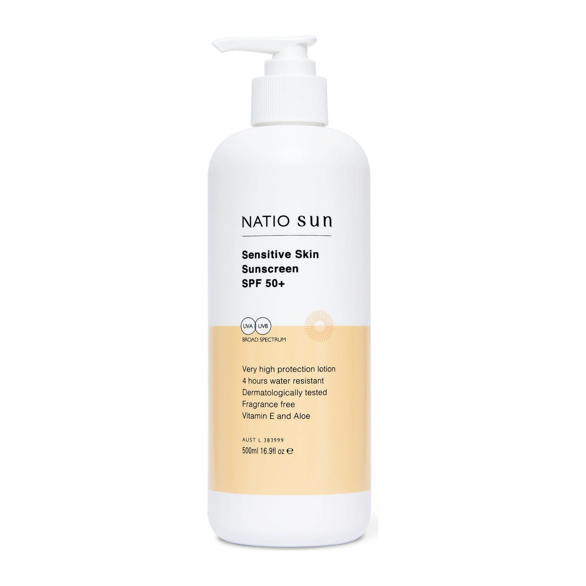 Sensitive Skin Sunscreen SPF50+ 500ml by Natio, front of pack