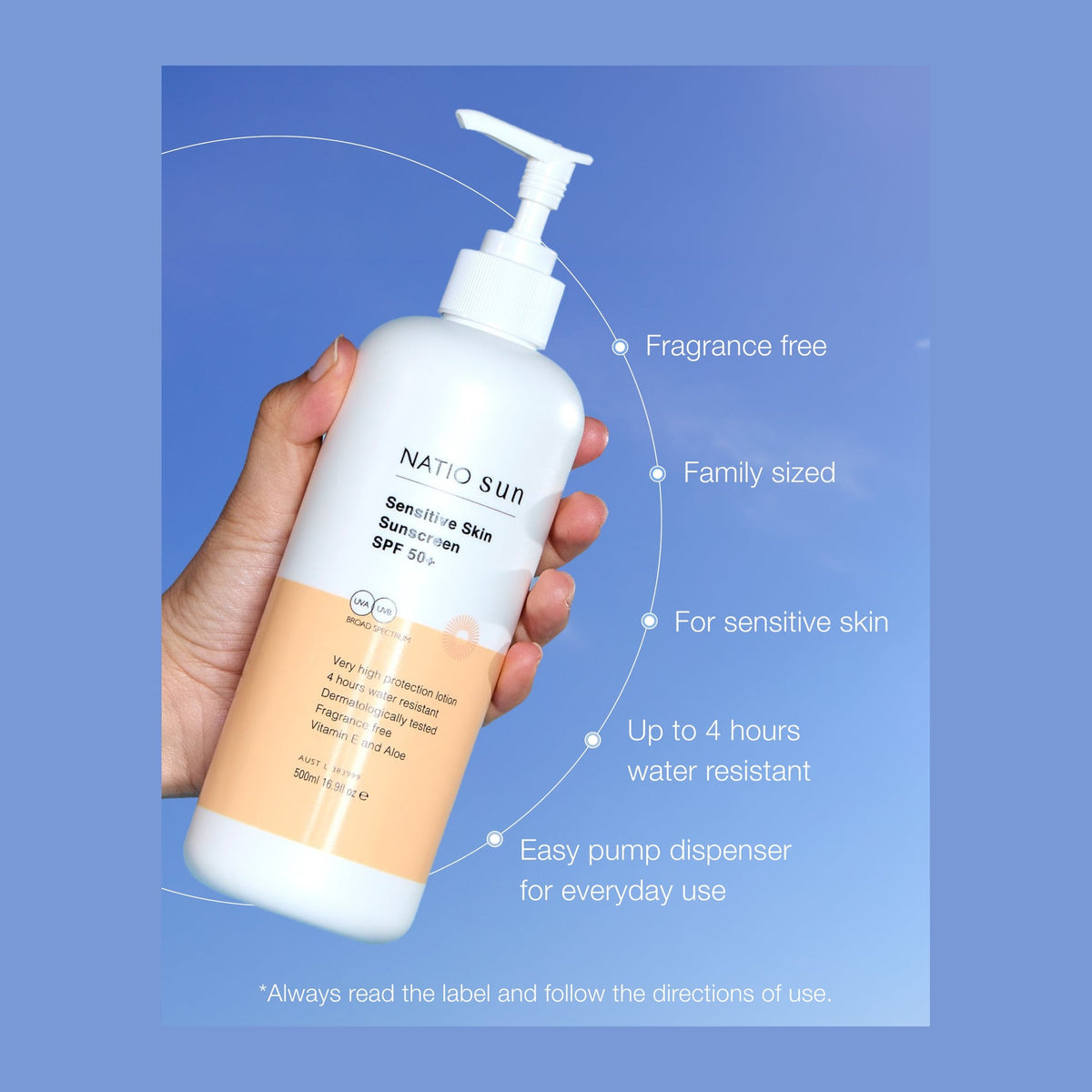 Information card for Natio Sensitive Skin Sunscreen SPF50+ 500ml