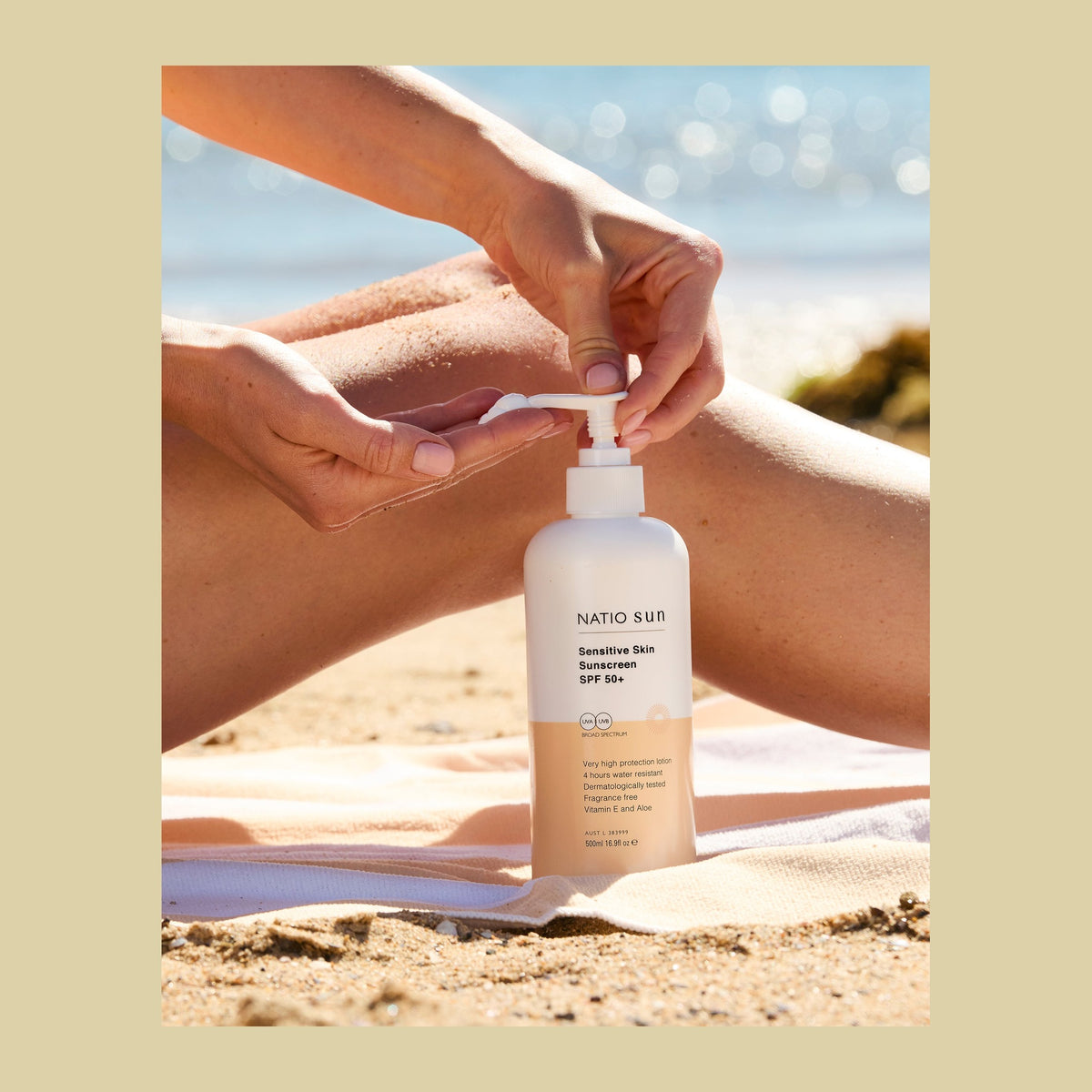 Natio Sensitive Skin Sunscreen SPF50+ 500ml styled in a set photograph