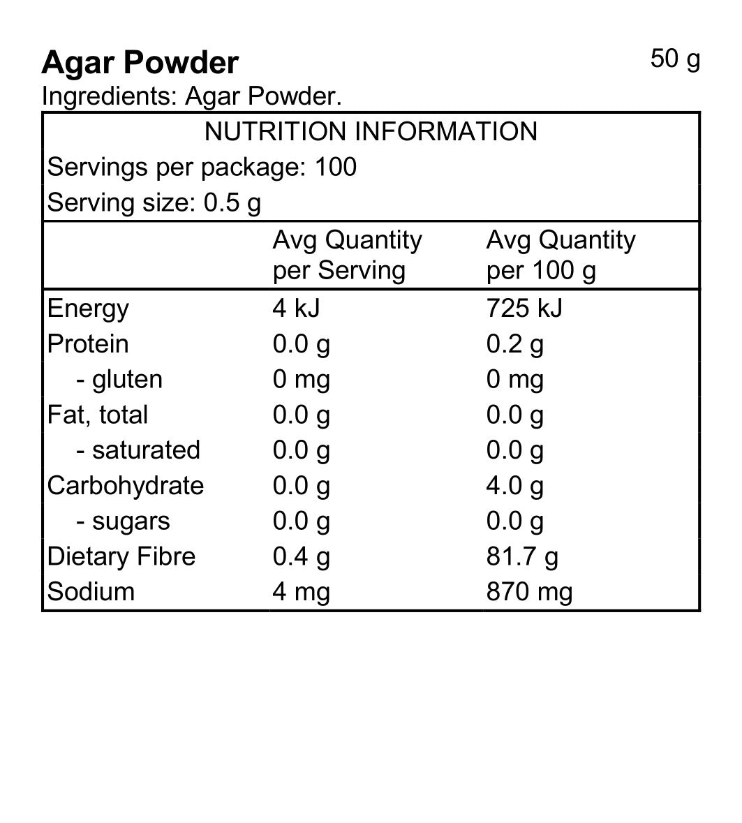 Pacific Harvest agar powder nutrition information panel