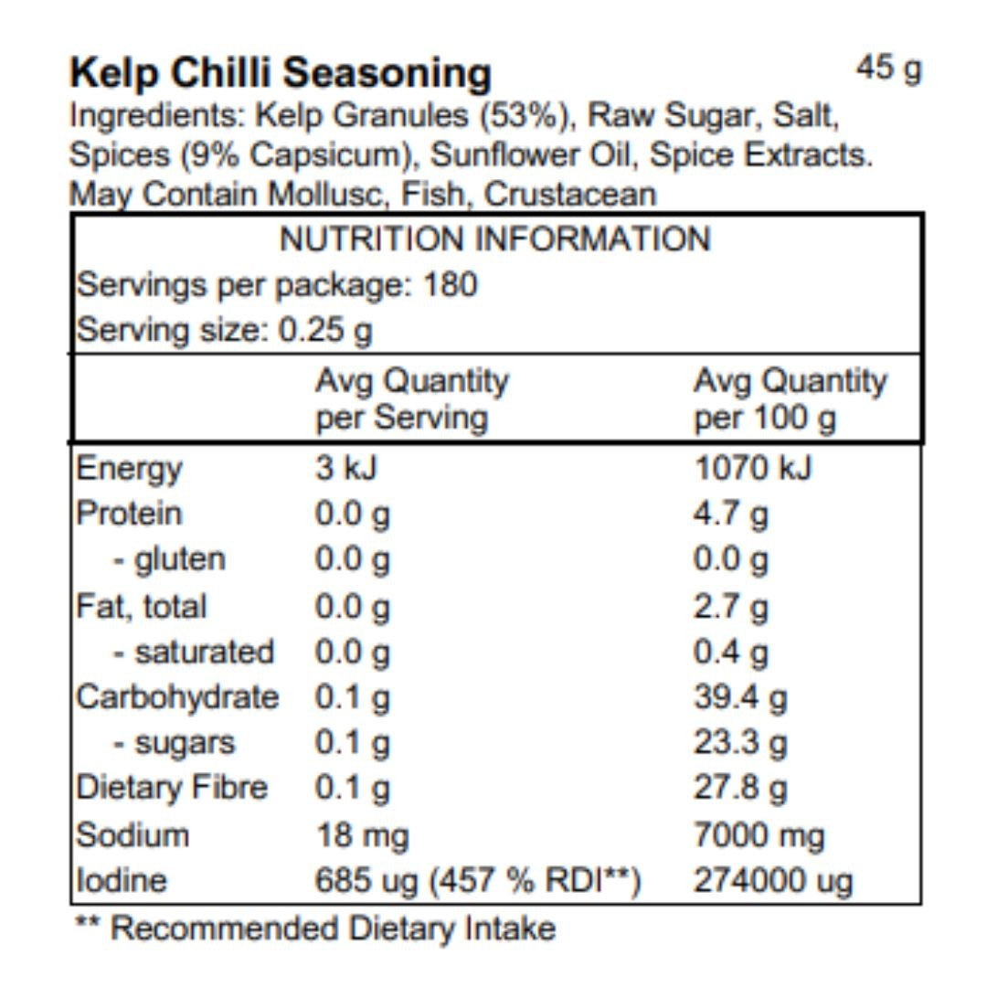 Pacific Harvest Chilli Kelp Seasoning 45g nutrition information panel
