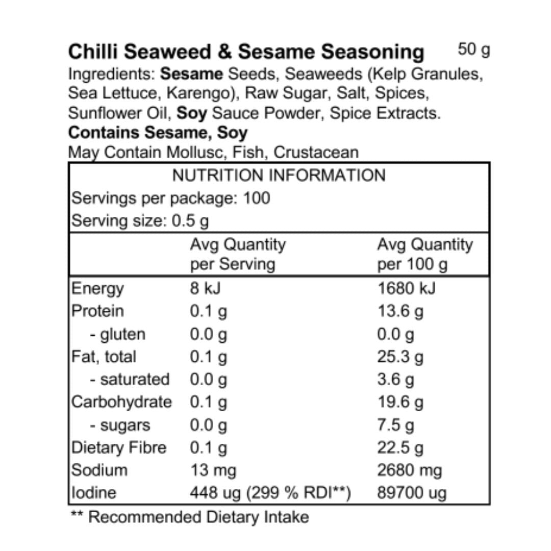 Pacific Harvest Chilli Seaweed & Sesame Seasoning 50g nutrition information panel