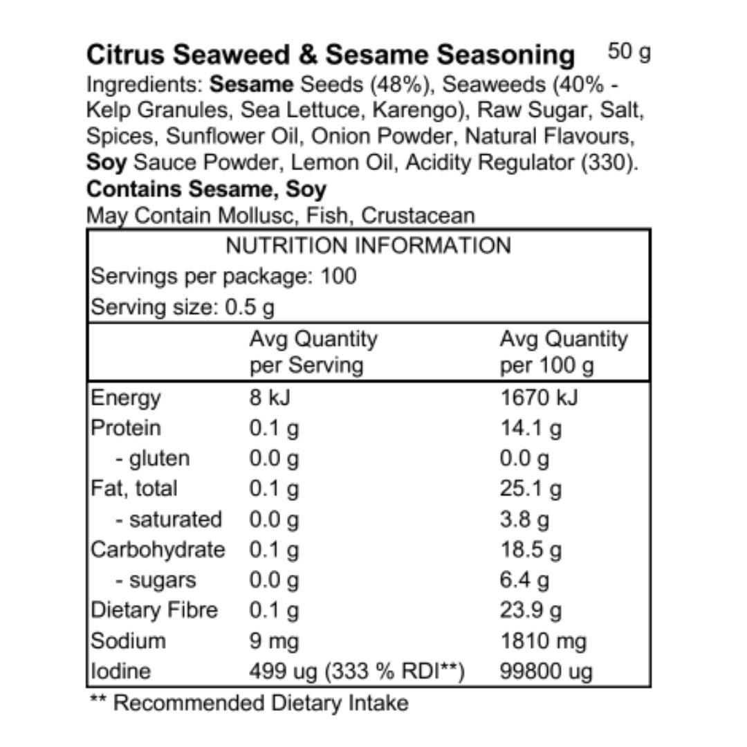Pacific Harvest Citrus Seaweed & Sesame Seasoning 50g nutrition information panel