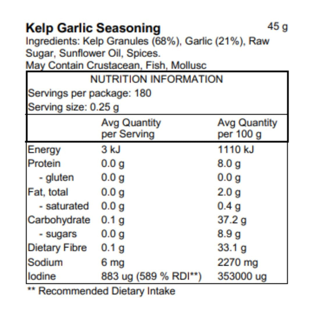 Pacific Harvest Garlic Kelp Seasoning 45g nutrition information panel