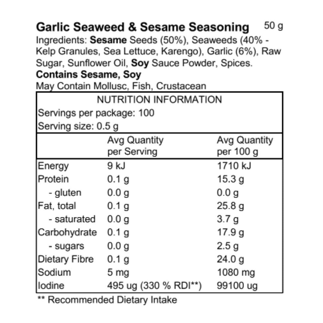 Pacific Harvest Garlic Seaweed & Sesame Seasoning 50g nutrition information panel