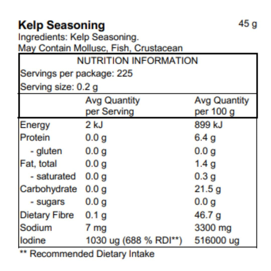 Pacific Harvest Kelp Plain Seasoning 45g nutrition information panel