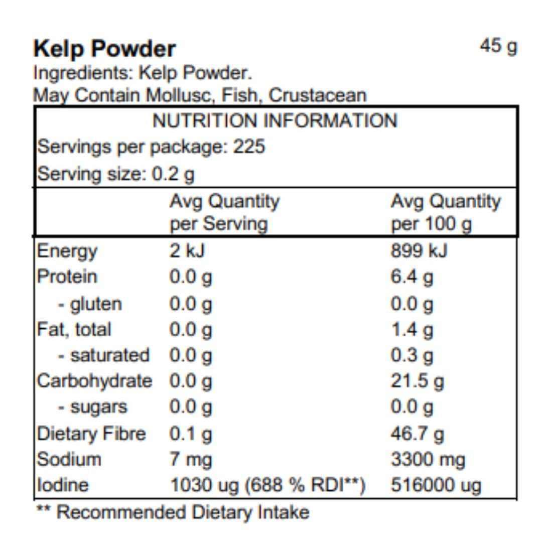 Pacific Harvest Kelp Powder 45g nutrition information panel