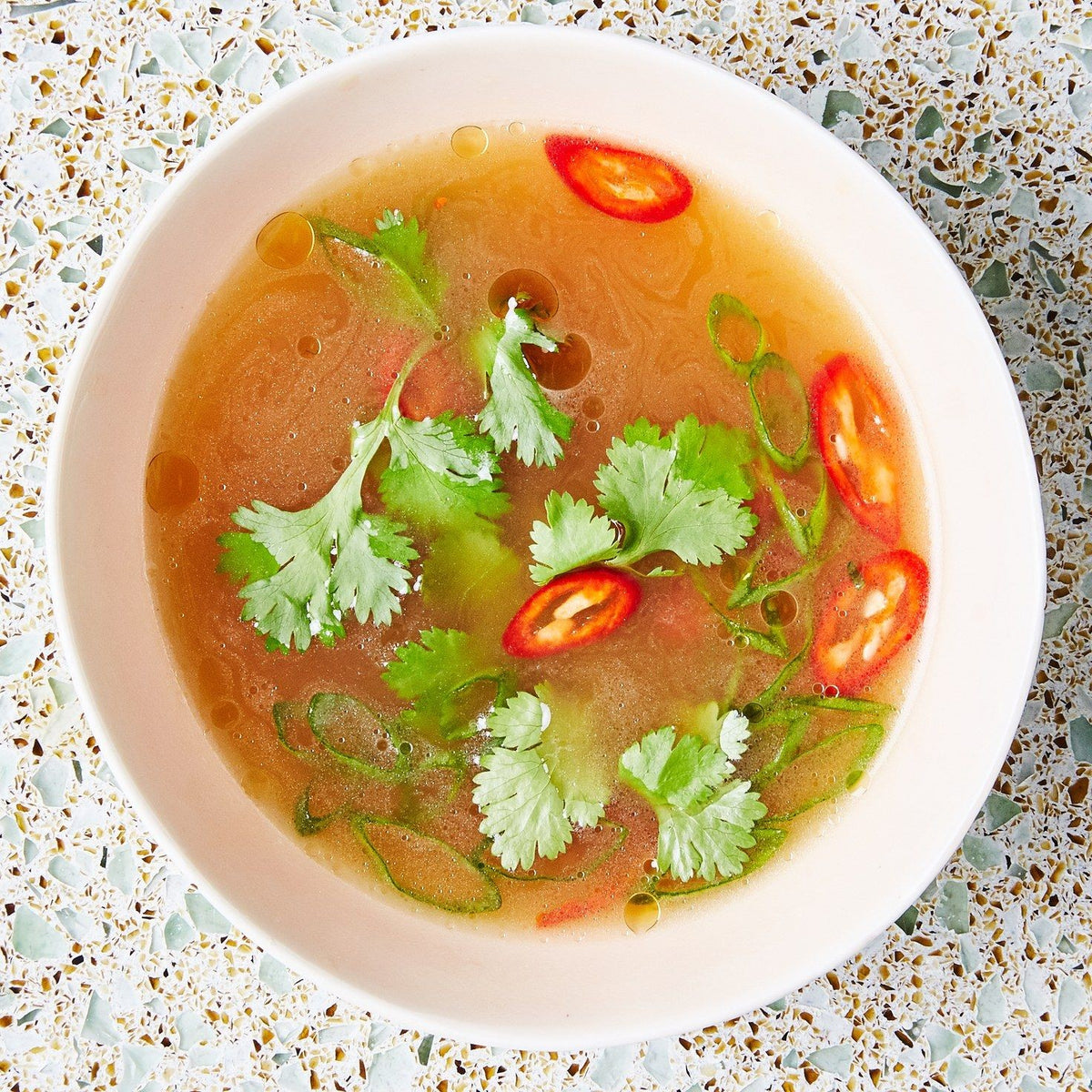 A bowl of broth made with kombu
