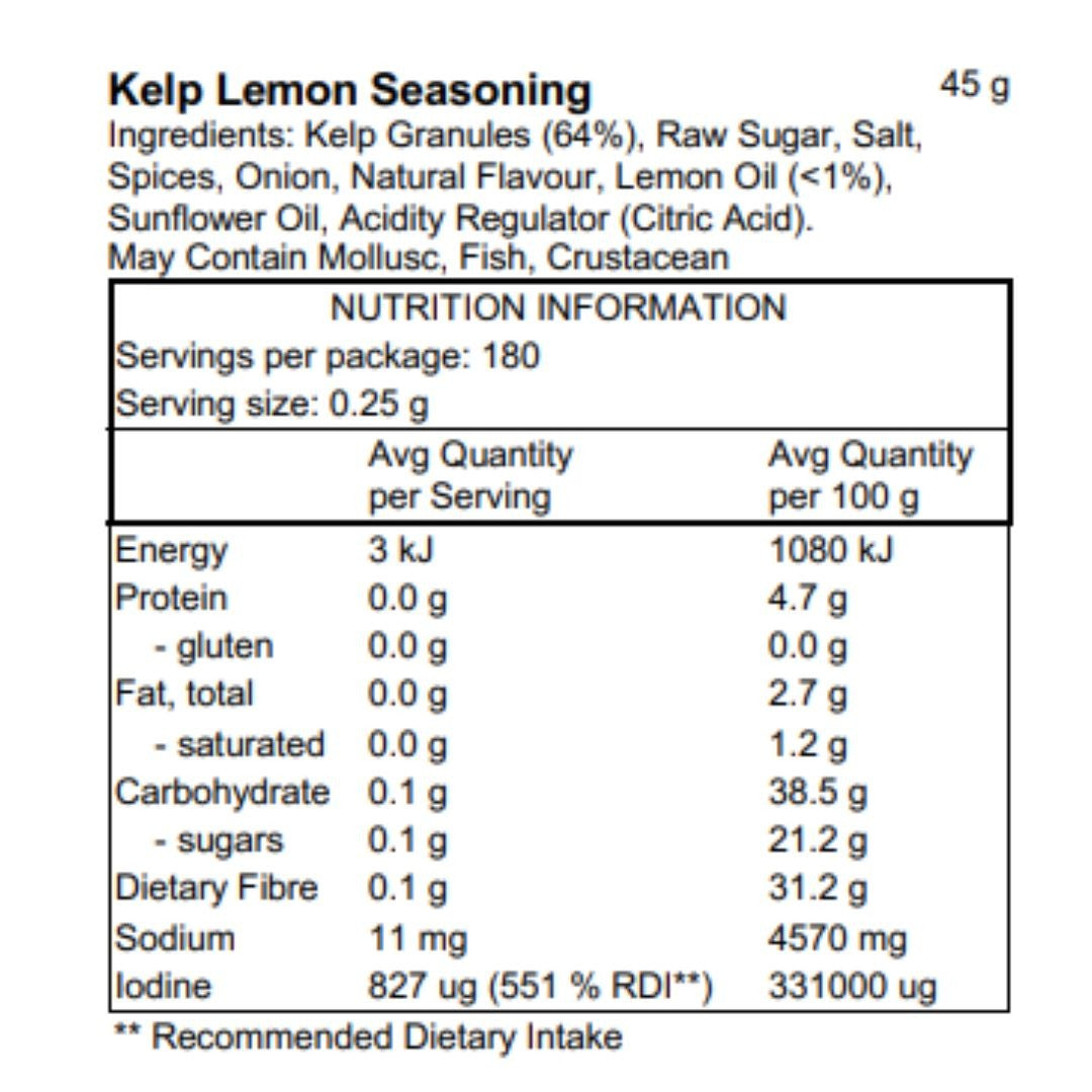 Pacific Harvest Lemon Kelp Seasoning 45g nutrition information panel