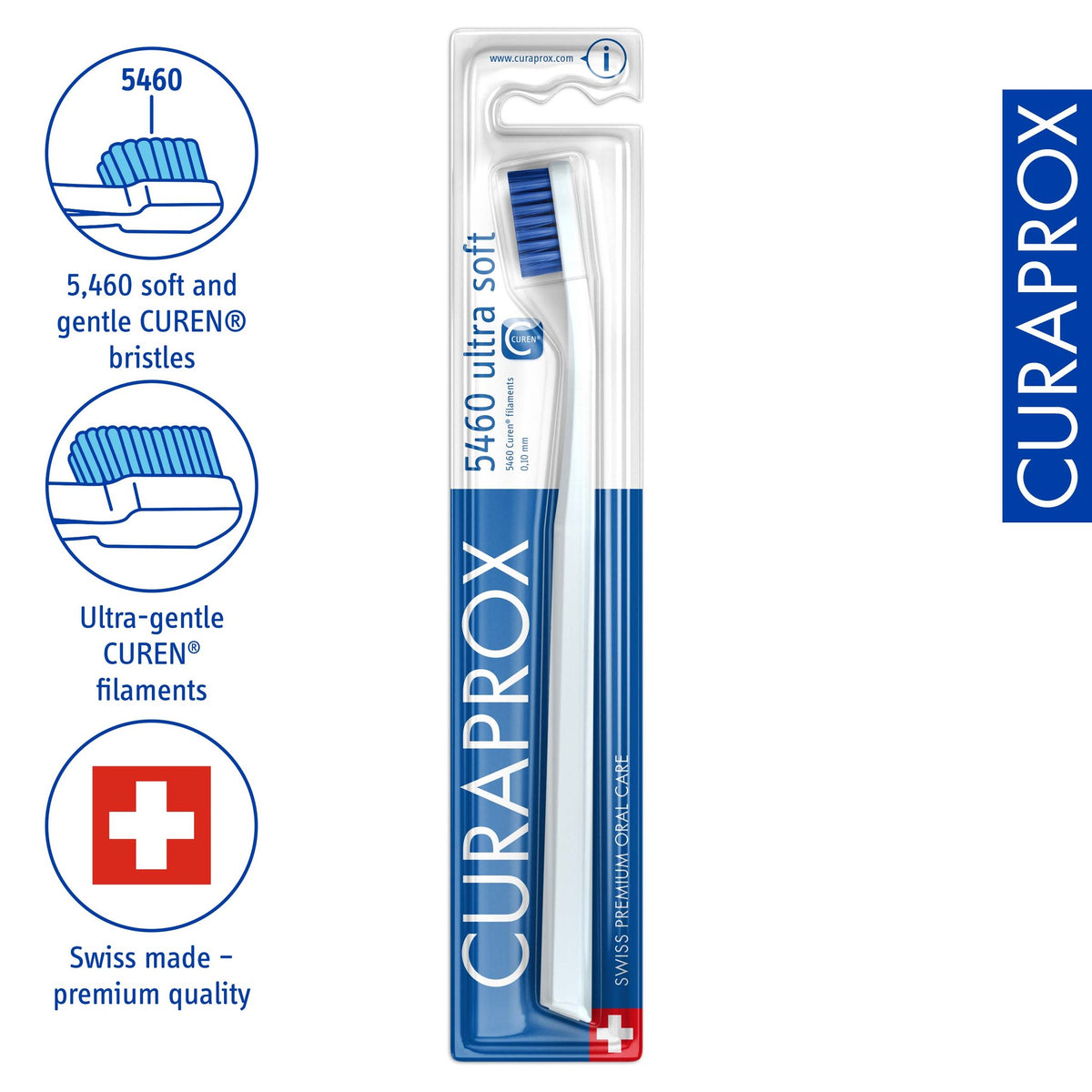 Curaprox CS 5460, product icons for 5,460 Curen filaments and Swiss manufacture