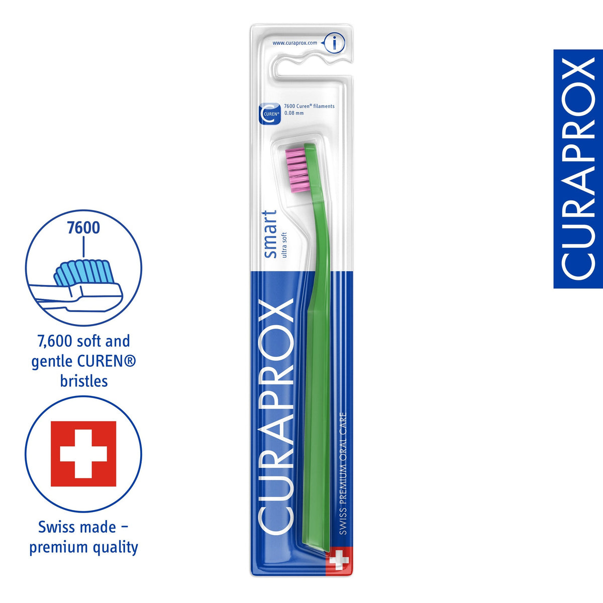 Curaprox CS smart, product icons for 7,600 Curen filaments and the small brush head