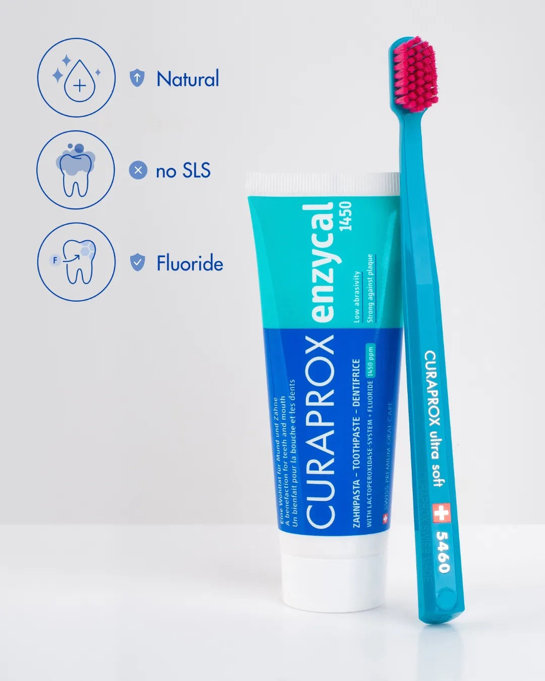 Curaprox Enzycal 1450, product icons for natural formula, no SLS and fluoride