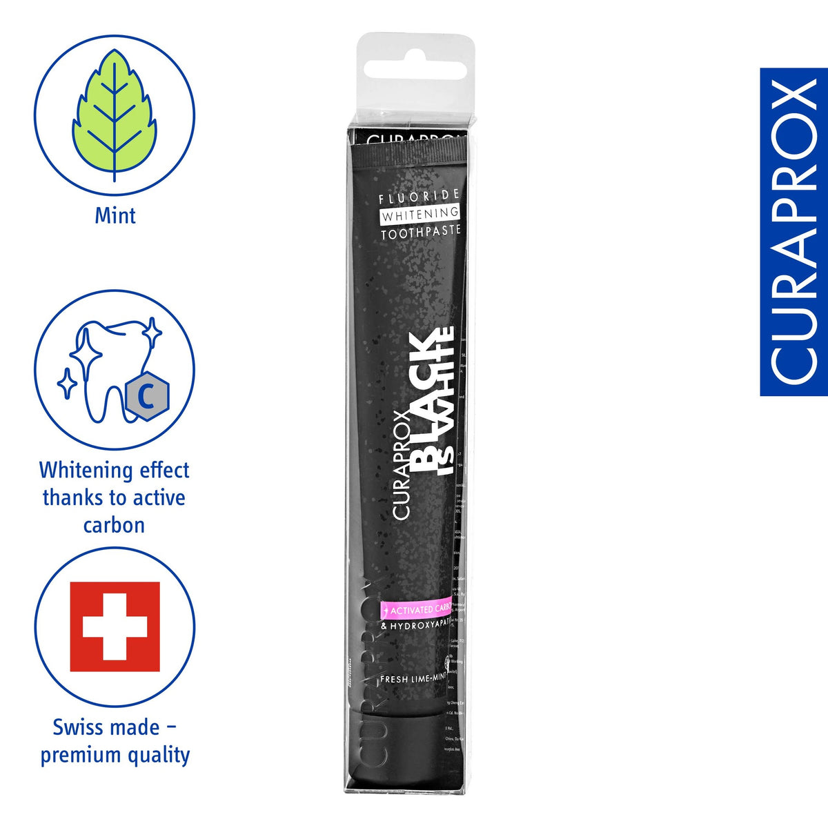 Curaprox Black is white, product icons for lime-mint flavour and whitening effect