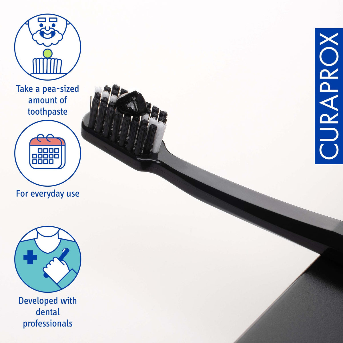 Curaprox Black is white black toothpaste on a black CS 5460 toothbrush