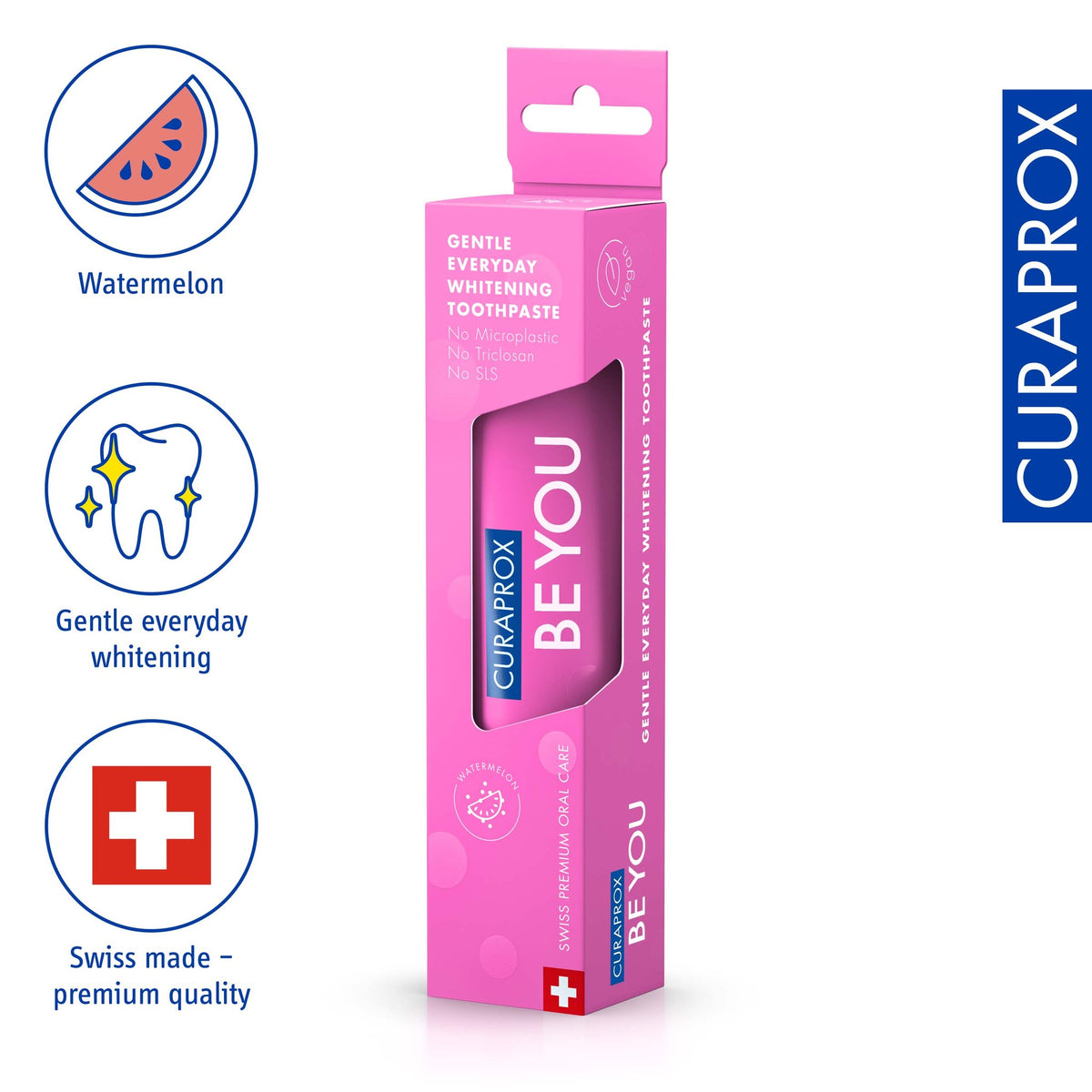 Curaprox Be you Watermelon, product icons for watermelon flavour and gentle everyday whitening