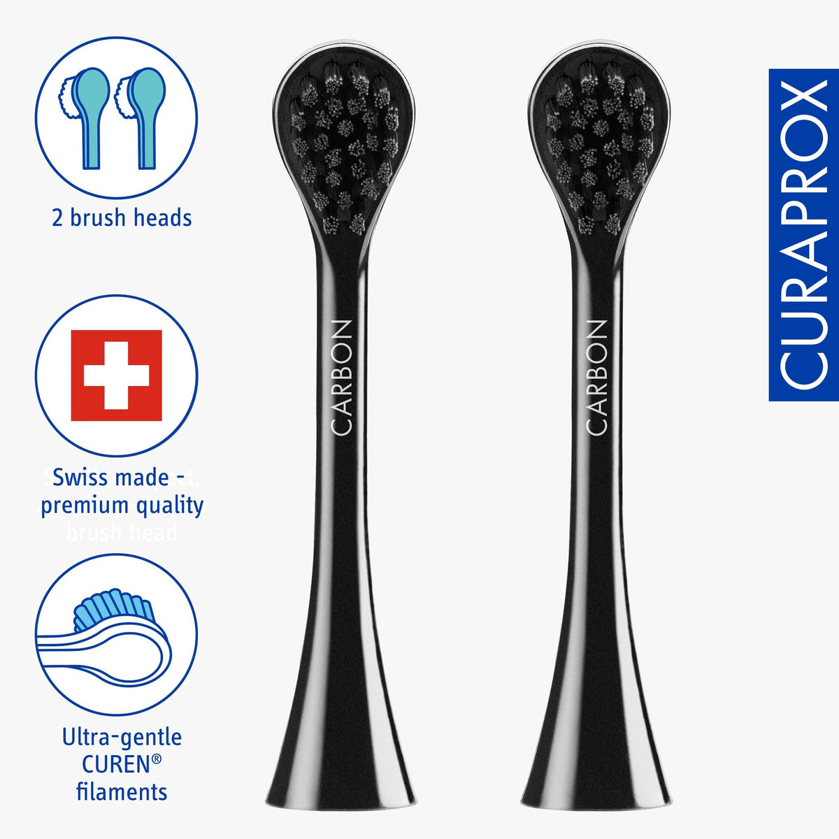 Curaprox Black is white sonic brush heads, icons for two heads and Swiss manufacture