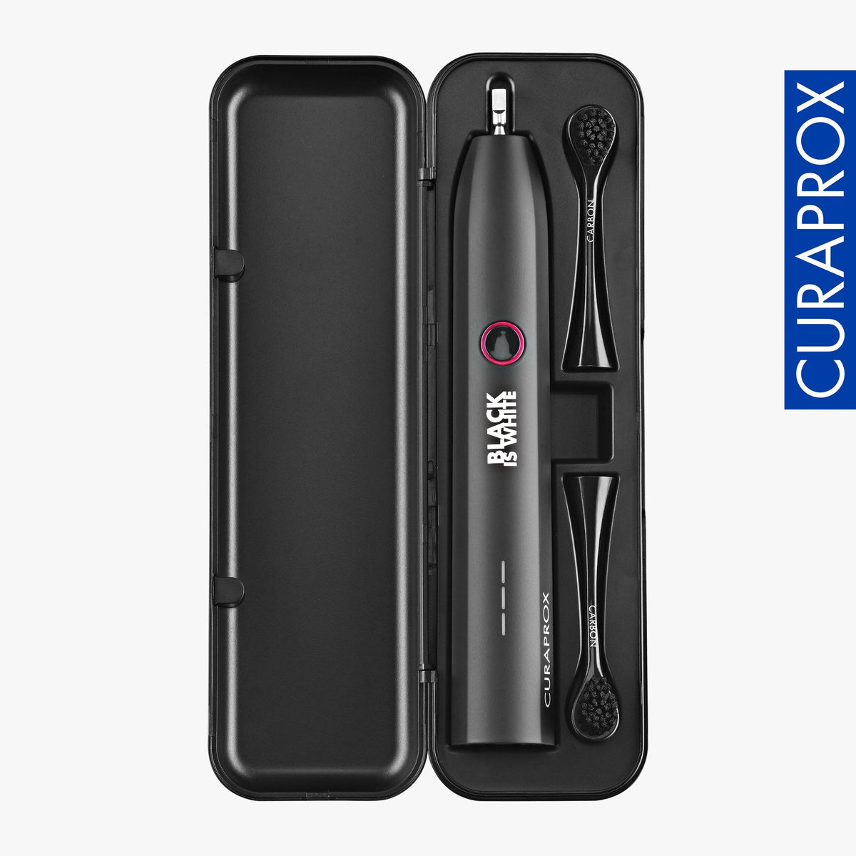 Curaprox Hydrosonic Black is white toothbrush in its travel case