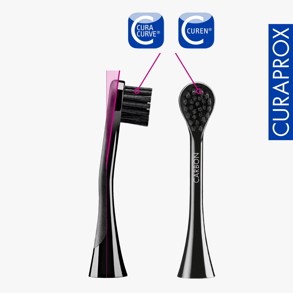 Two Curaprox Black is white sonic brush heads with carbon-coated filaments