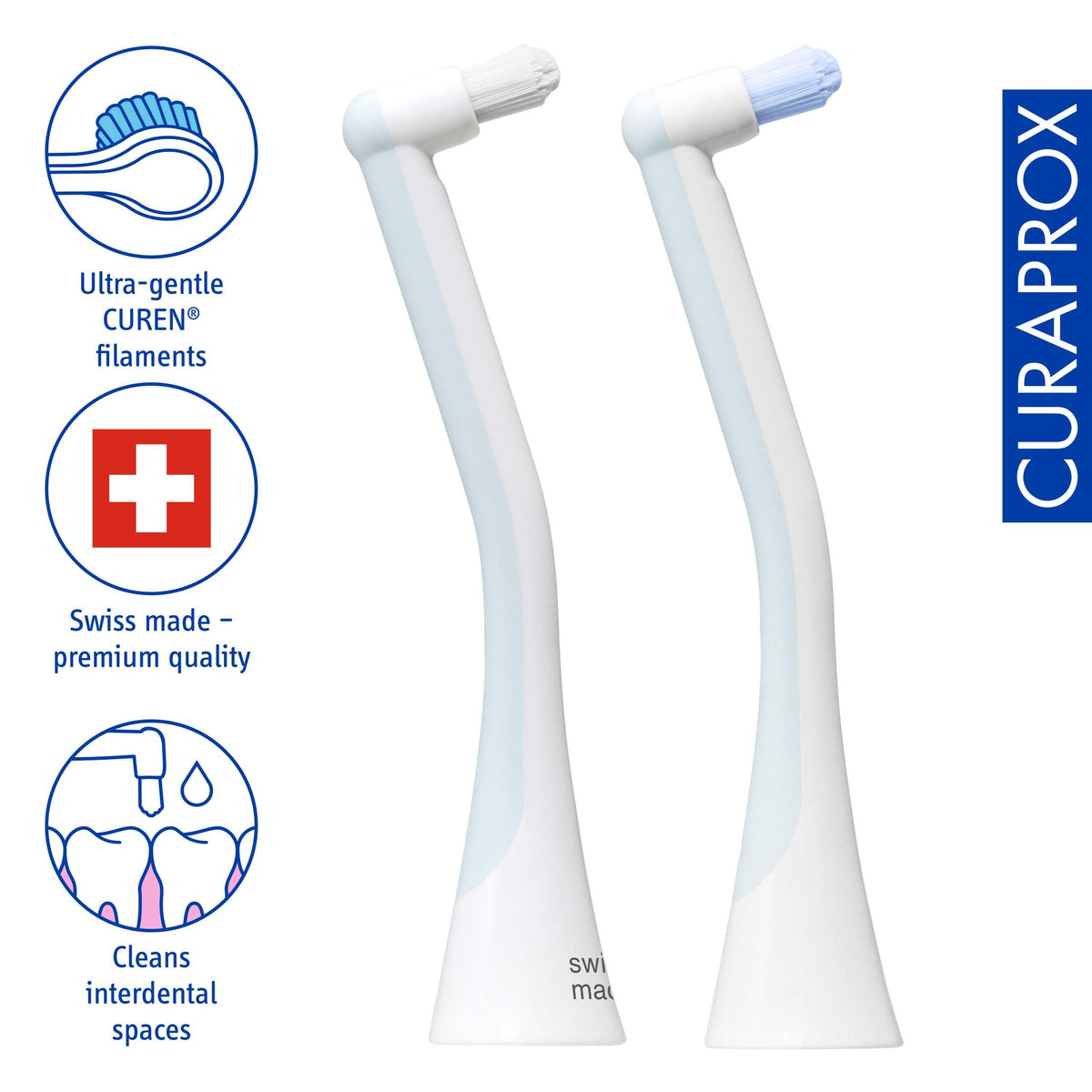 Curaprox Hydrosonic single tuft heads, icons for the ultra gentle Curen filaments and interdental cleaning
