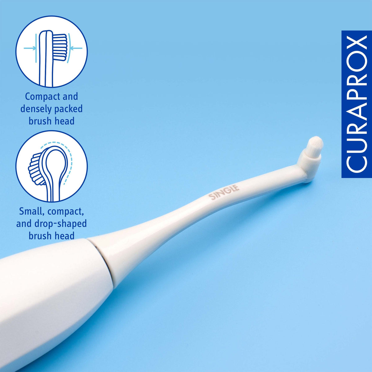 Curaprox Hydrosonic single tuft brush head fitted to the handle
