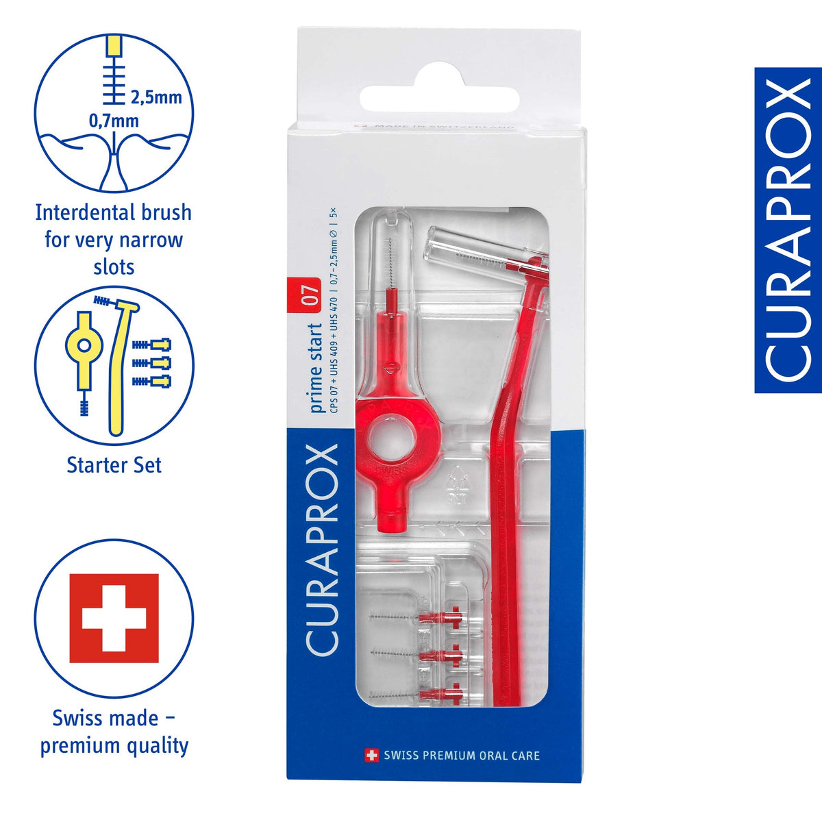 Curaprox CPS 07 prime start interdental brush set, icons for the umbrella cleaning effect and the click system