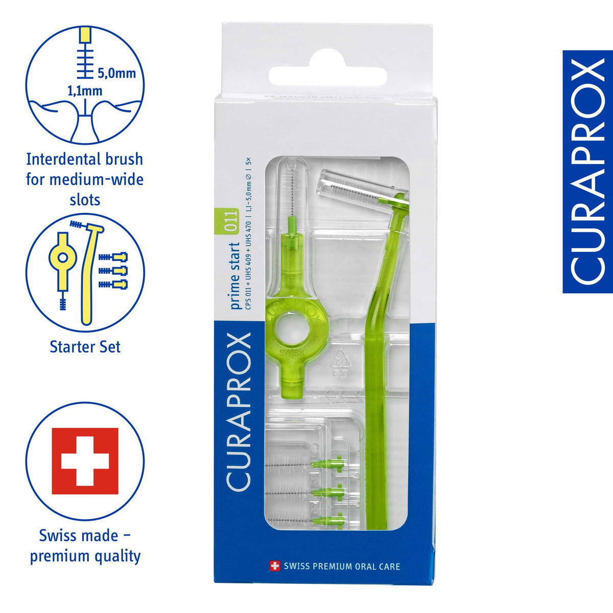 Curaprox CPS 011 prime start interdental brush set, icons for the umbrella cleaning effect and the click system