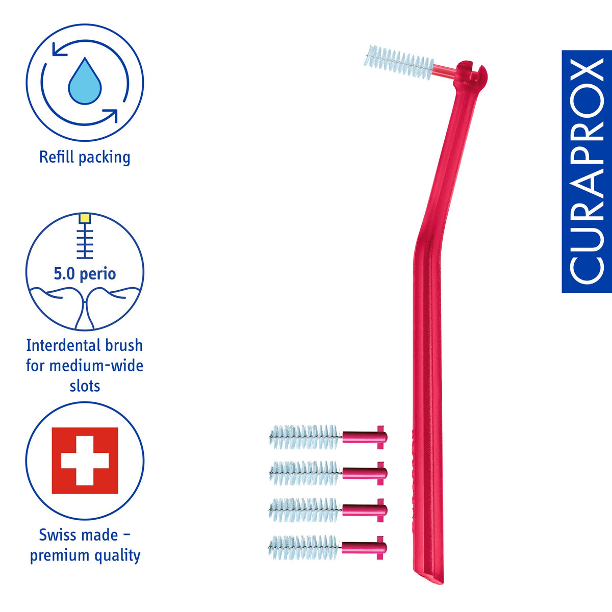 Curaprox CPS 405 perio, icons for the 5.0mm working diameter and the click system