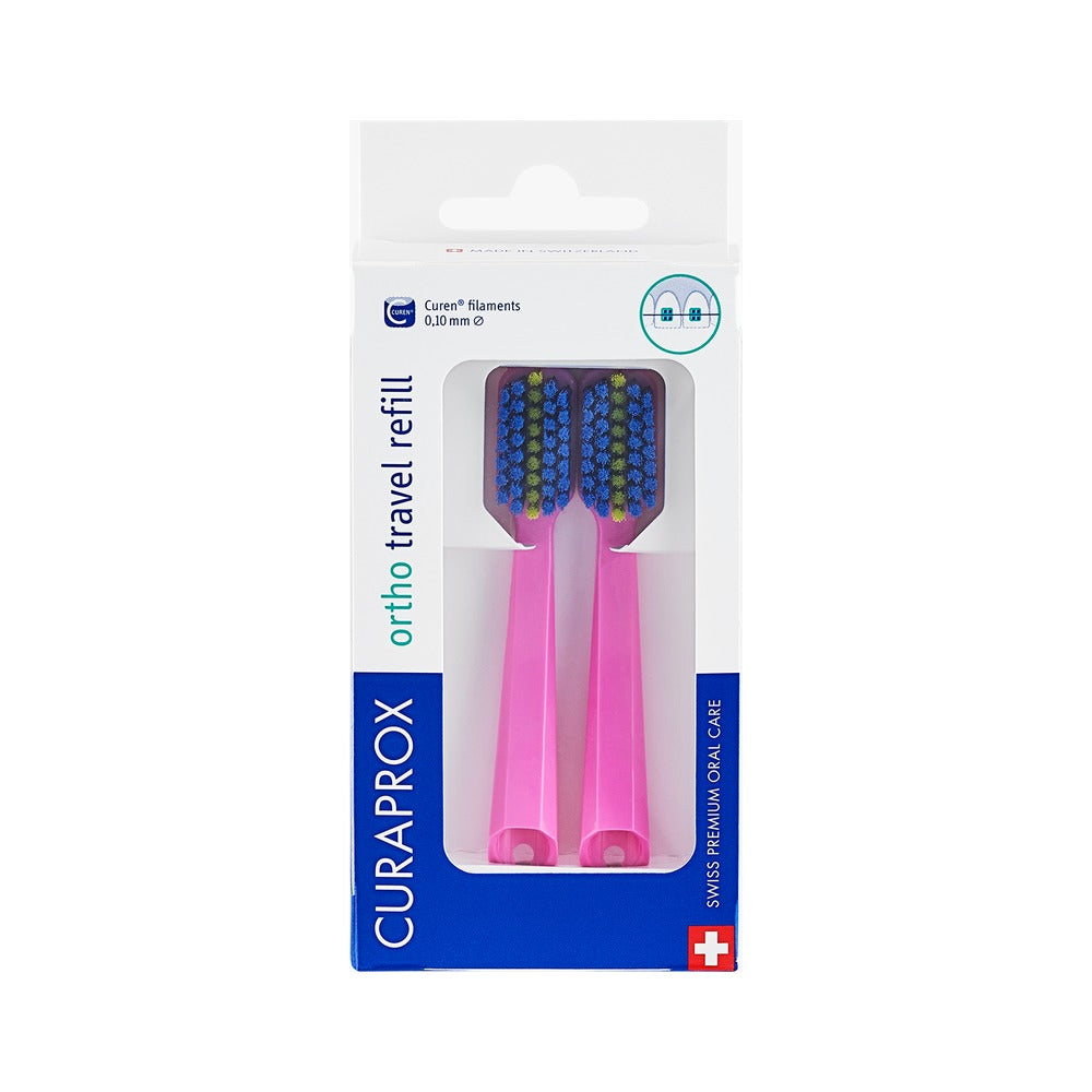 Curaprox ortho travel set brush head refills in pink, pack of two