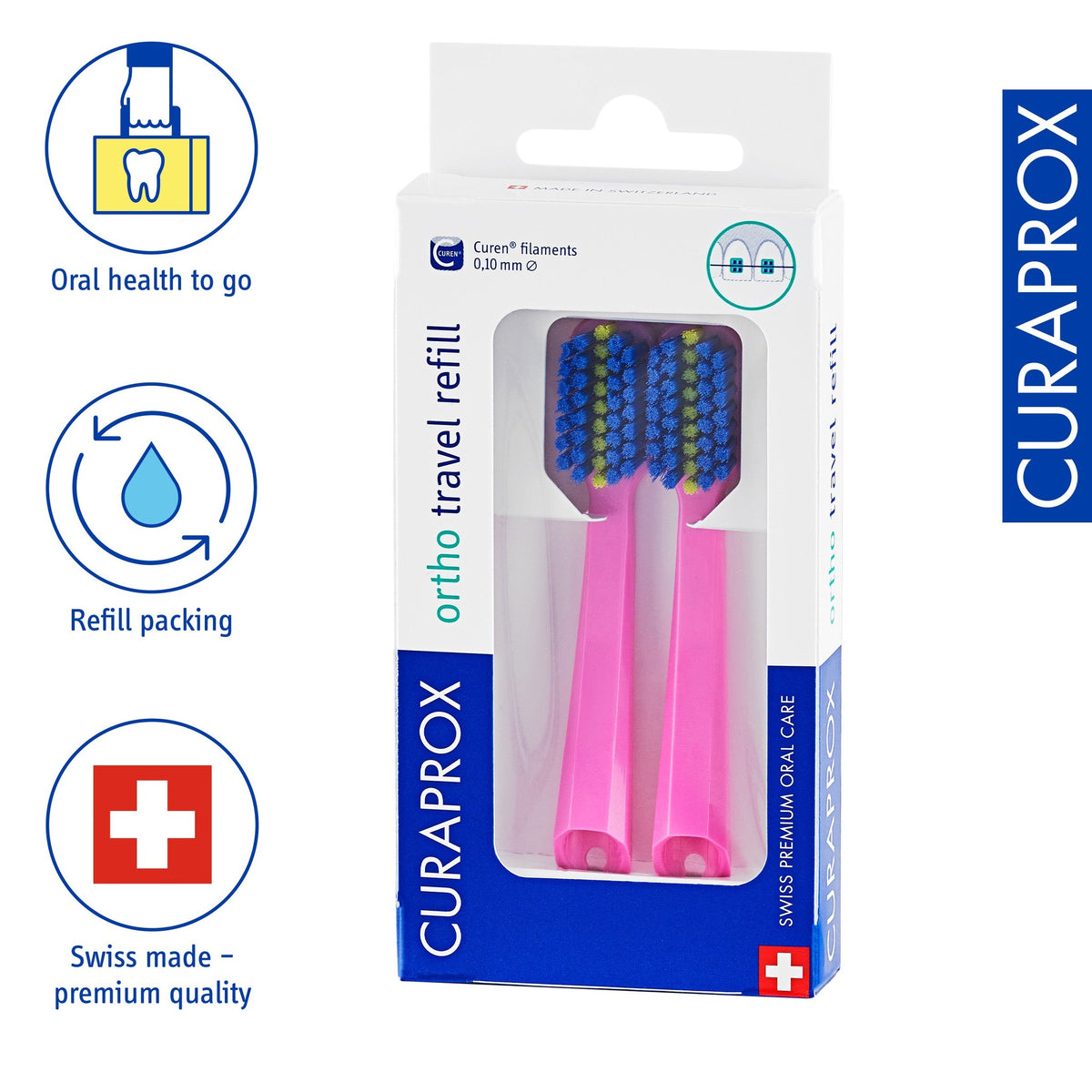 Curaprox ortho travel refills, icons for ortho care and the refill pack