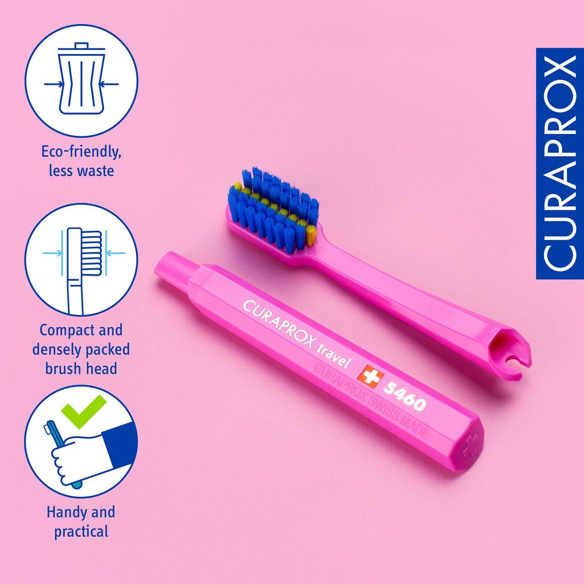 A pink Curaprox ortho travel brush head being fitted to the handle