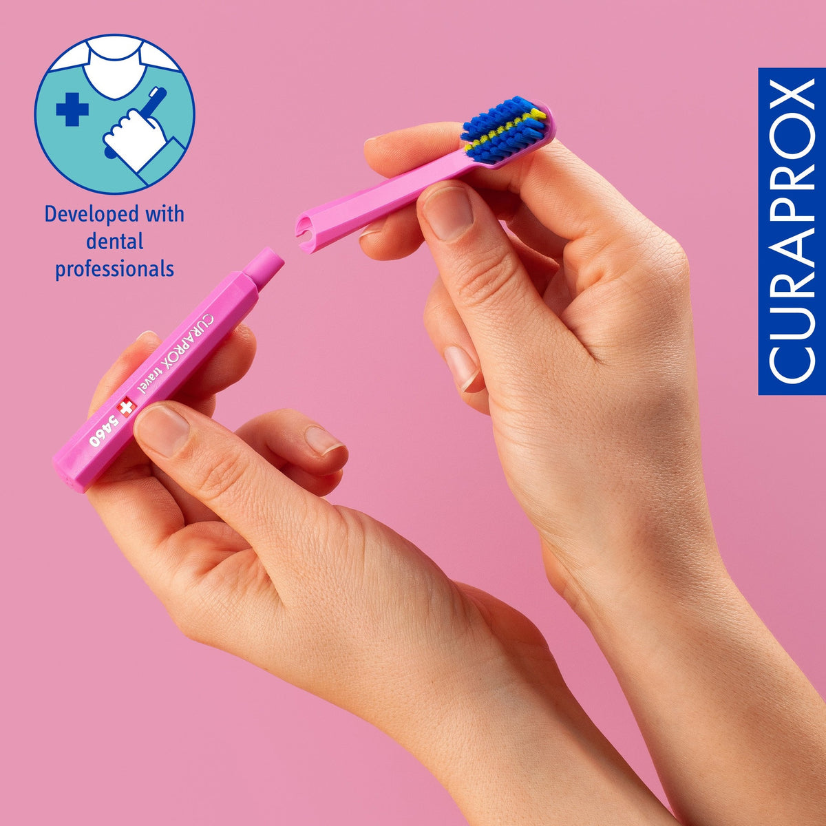 Pink Curaprox ortho travel brush heads on a pink background
