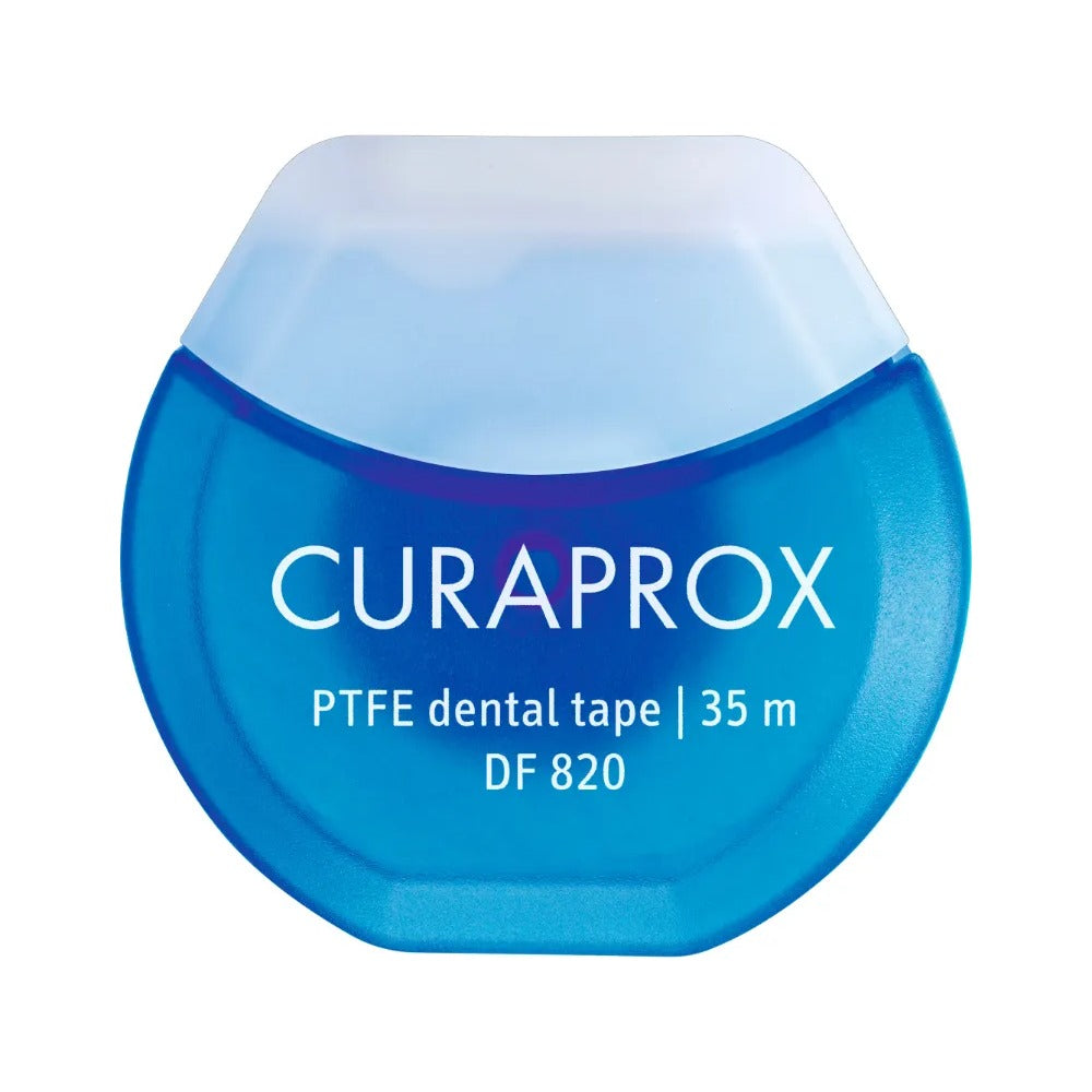 Curaprox DF 820 PTFE dental tape 35m, front of the dispenser