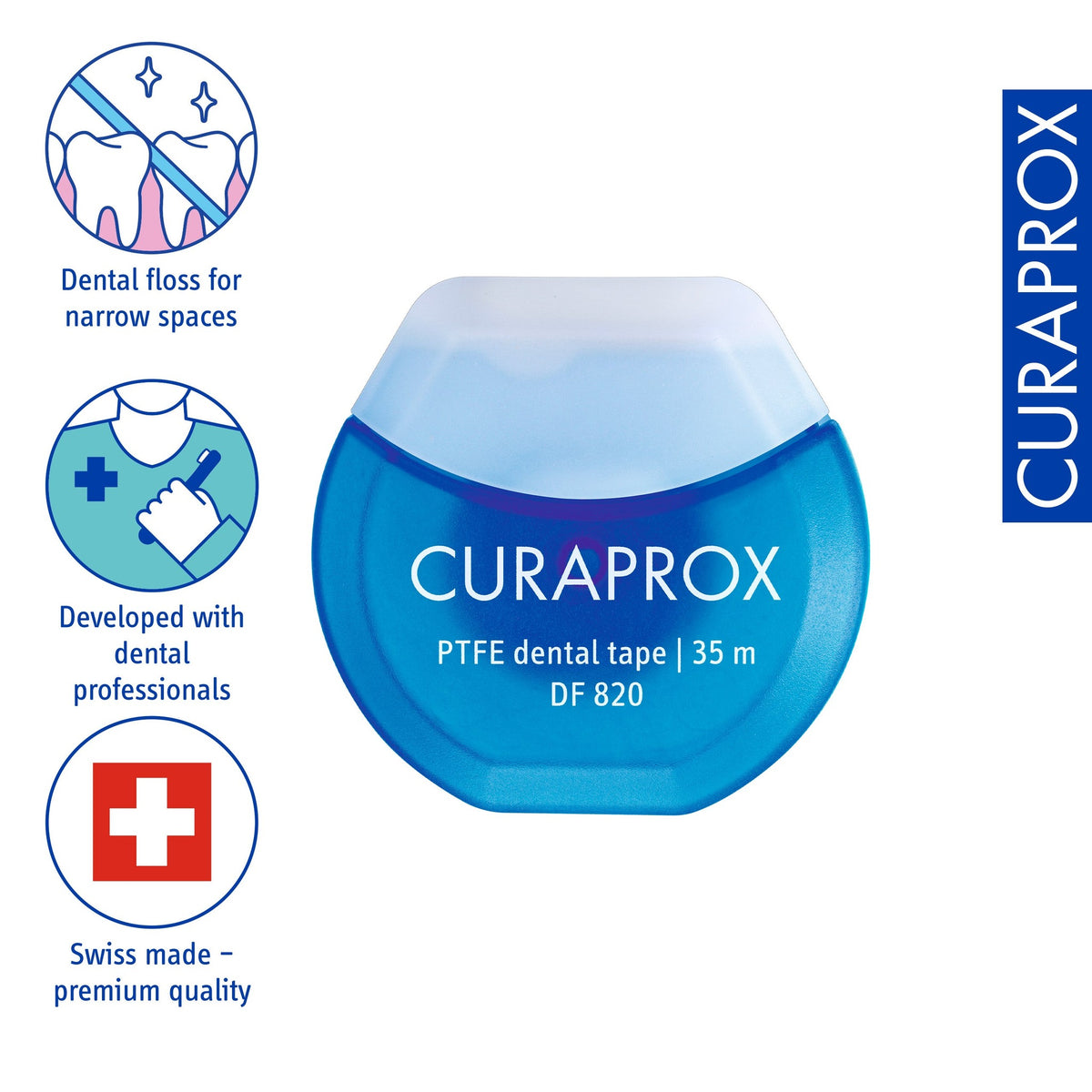 Curaprox DF 820 dental tape, icons for narrow spaces and dental professional development