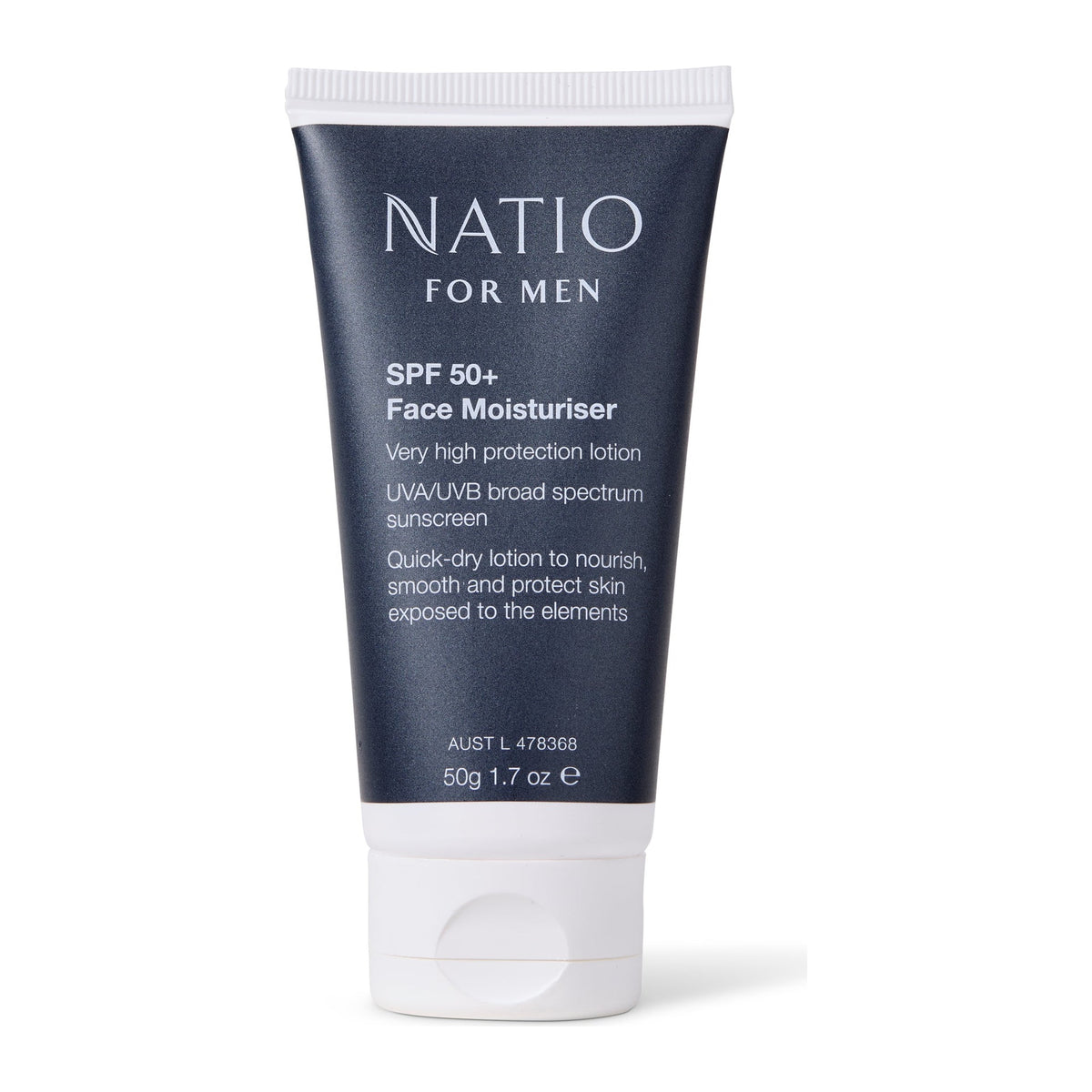 Men SPF 50+ Face Moisturiser 100g by Natio, front of pack