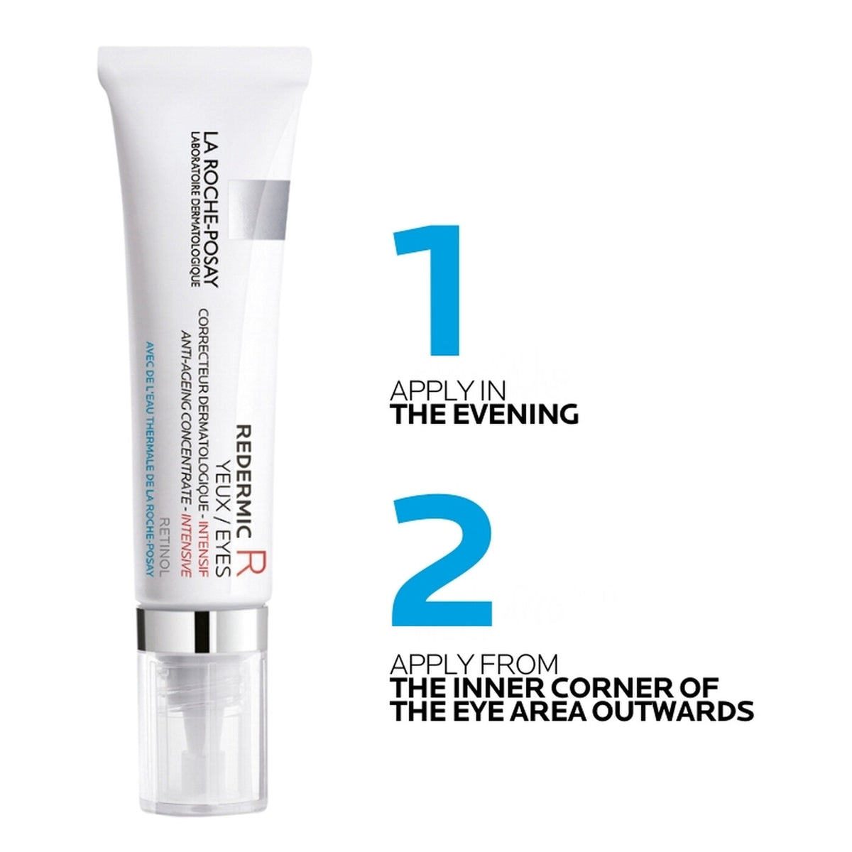 Redermic R Retinol Eye Cream 15ml shown with usage information