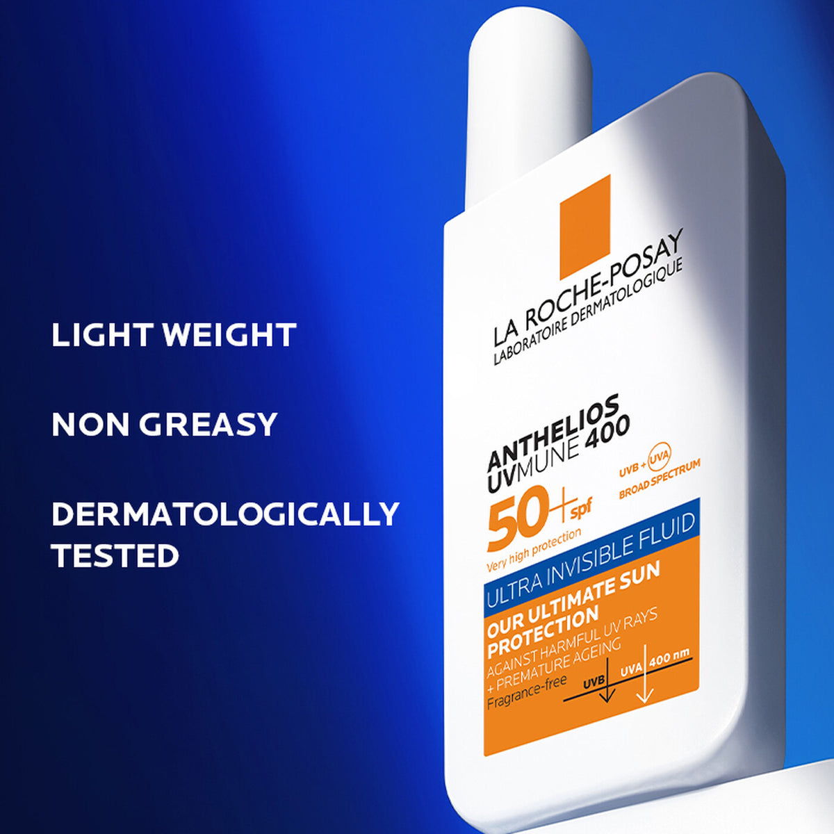 Anthelios UVmune 400 Invisible Fluid SPF50+ 50ml shown with usage information