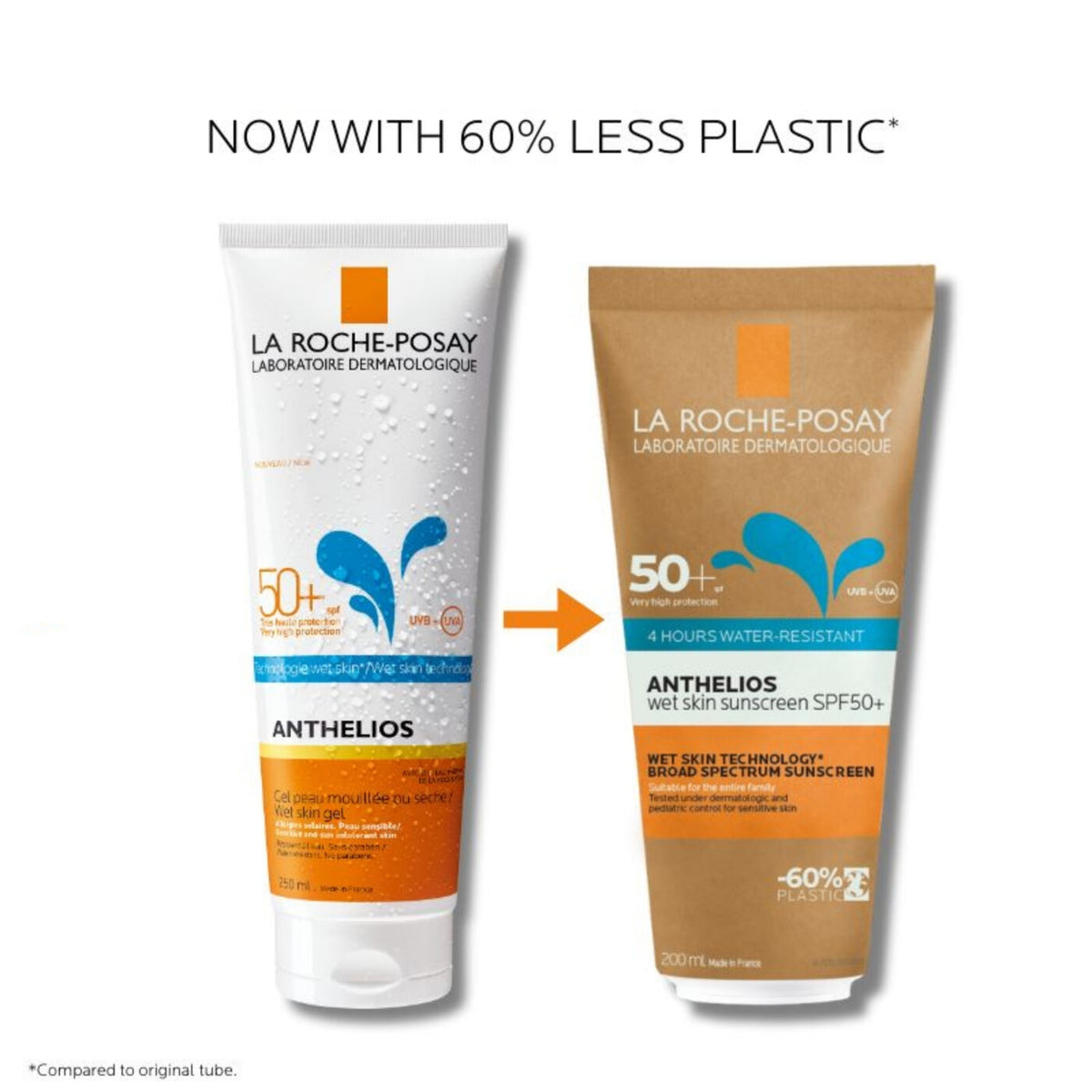 Anthelios Wet Skin Sunscreen SPF50+ 200ml shown with usage information