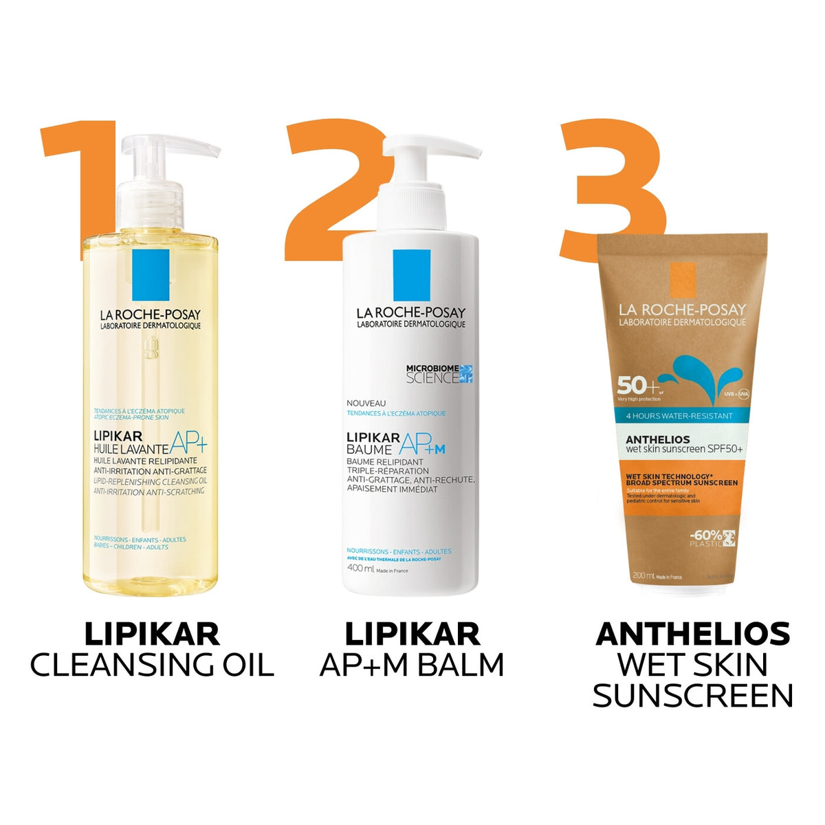 Anthelios Wet Skin Sunscreen SPF50+ 200ml shown with usage information
