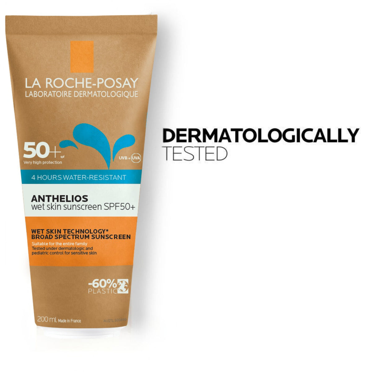 Anthelios Wet Skin Sunscreen SPF50+ 200ml shown with usage information