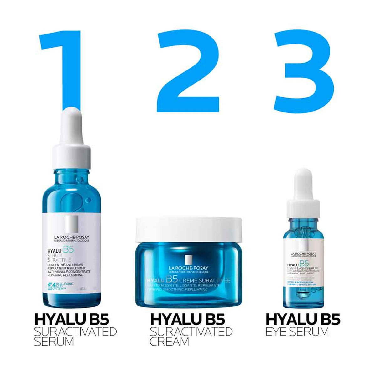 Hyalu B5 Suractivated Hyaluronic Acid Serum 50ml shown with usage information