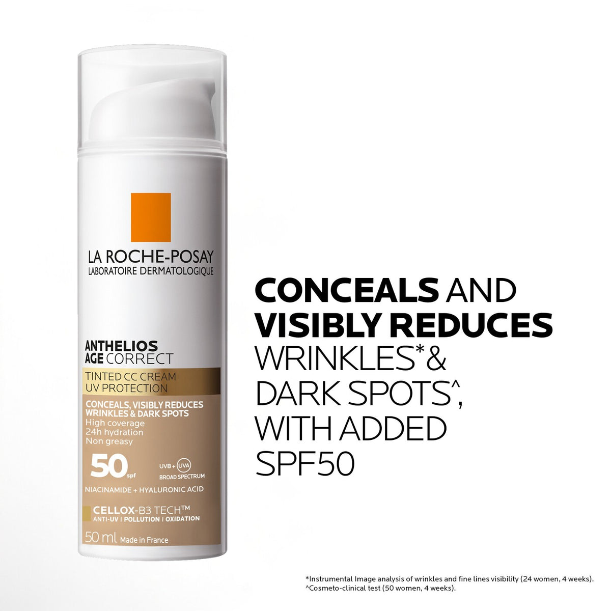 Anthelios Age Correct Tinted CC Cream SPF50 50ml shown with usage information