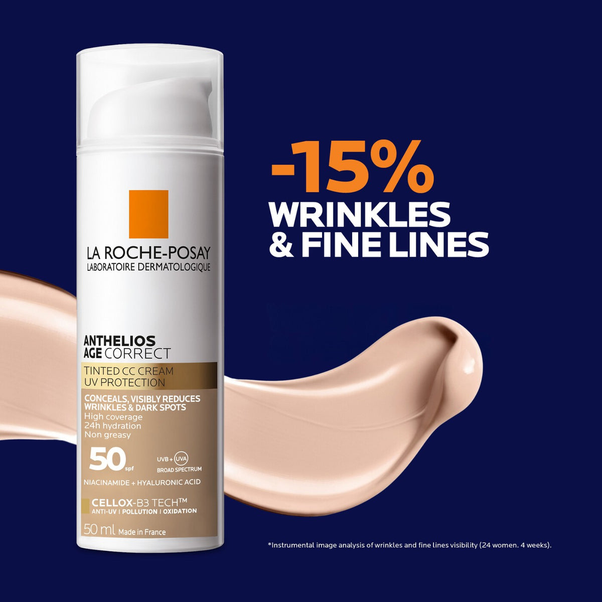 Anthelios Age Correct Tinted CC Cream SPF50 50ml shown with usage information