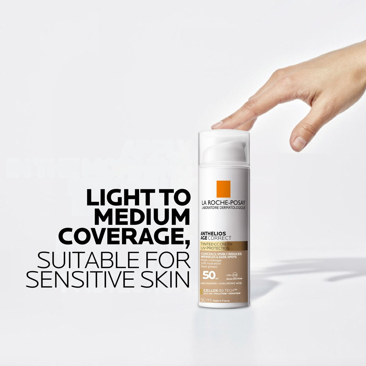 Anthelios Age Correct Tinted CC Cream SPF50 50ml shown with usage information