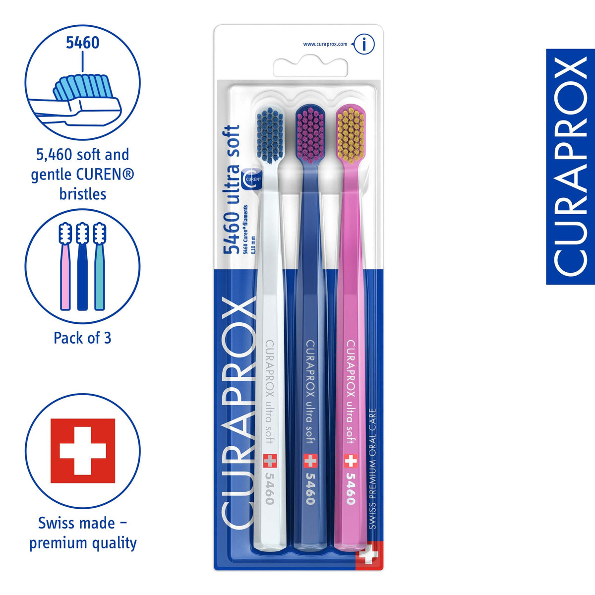 Curaprox CS 5460 triple pack, icons for 5,460 Curen filaments and pack of 3