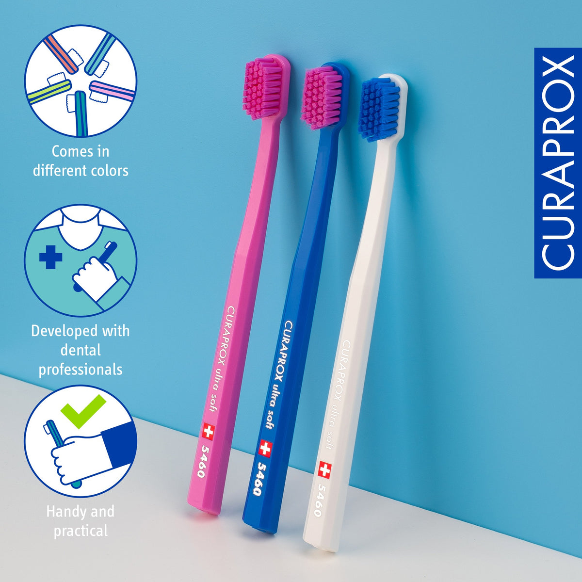 Three Curaprox CS 5460 toothbrushes standing together